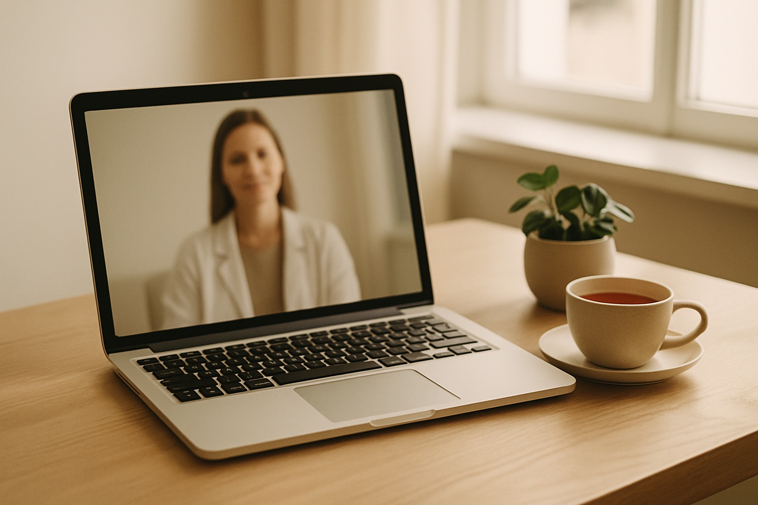 A telehealth visit open on a laptop in warm light