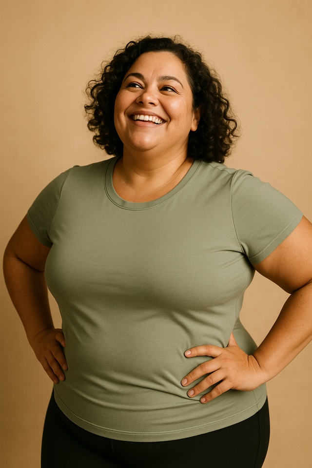 A smiling woman in a sage athletic top, hands on hips