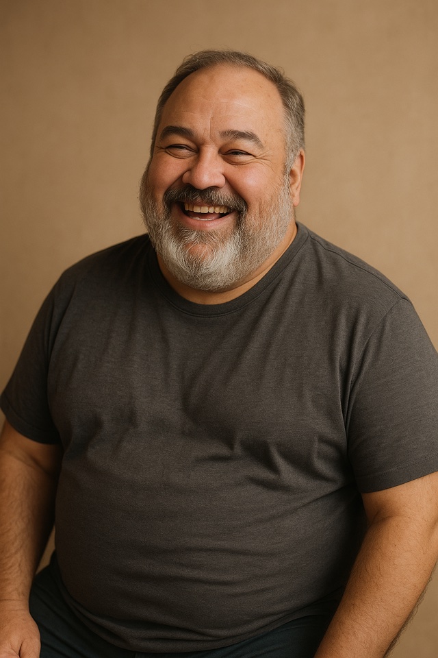 A laughing man in a charcoal t-shirt