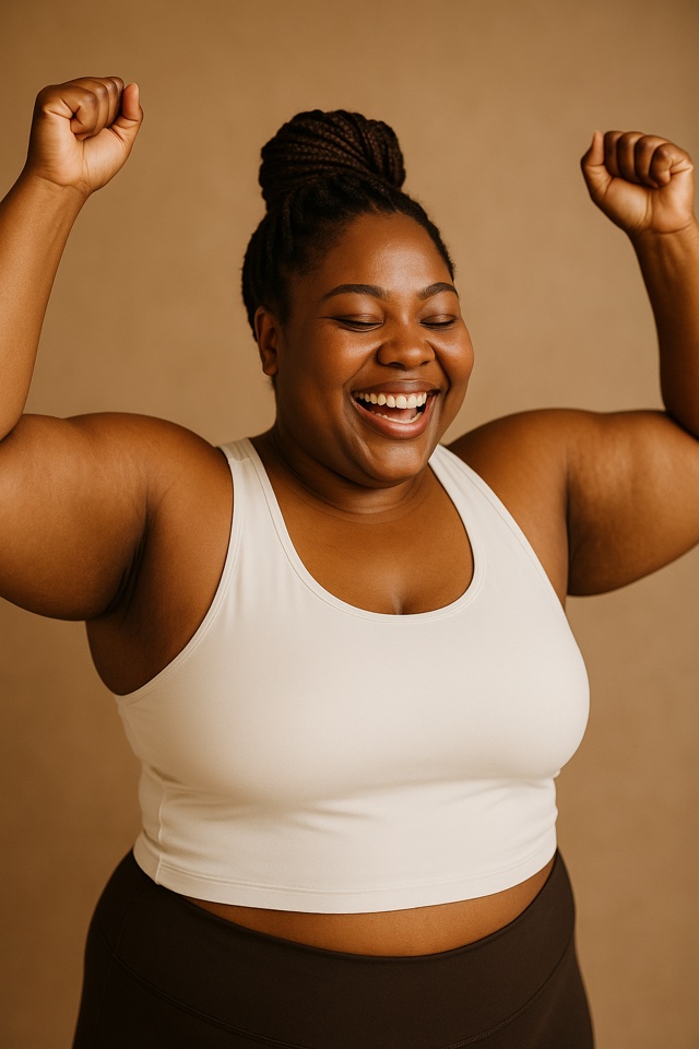 A joyful woman celebrating with raised arms