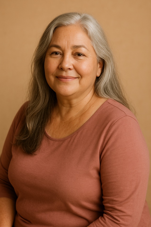 A serene woman with silver hair in a dusty-rose top