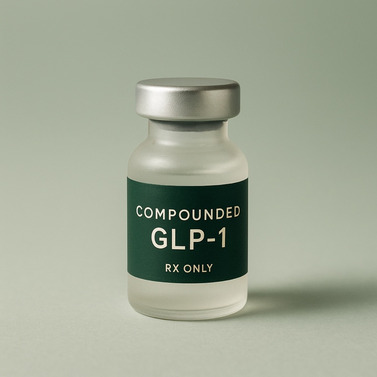 Frosted pharmaceutical vial with an evergreen Compounded GLP-1 label