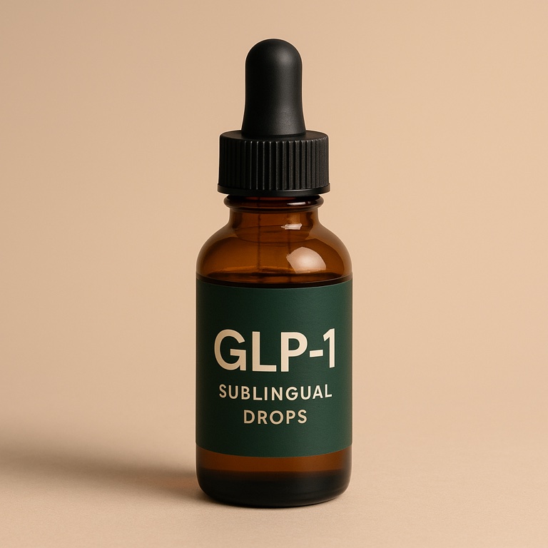 Amber dropper bottle of GLP-1 sublingual drops
