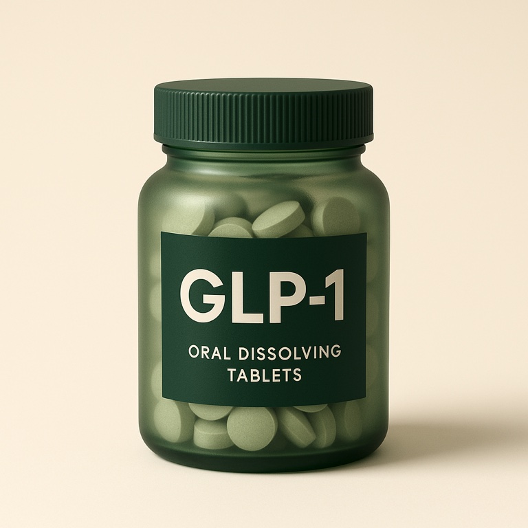 Frosted green jar of GLP-1 oral dissolving tablets