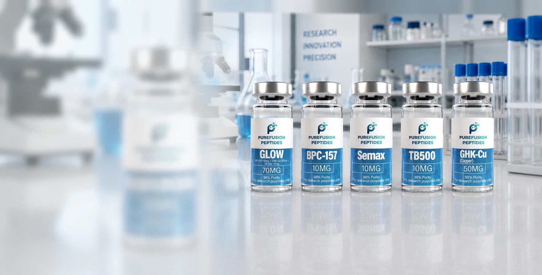 PureFusion Peptides research-product packaging in a laboratory setting