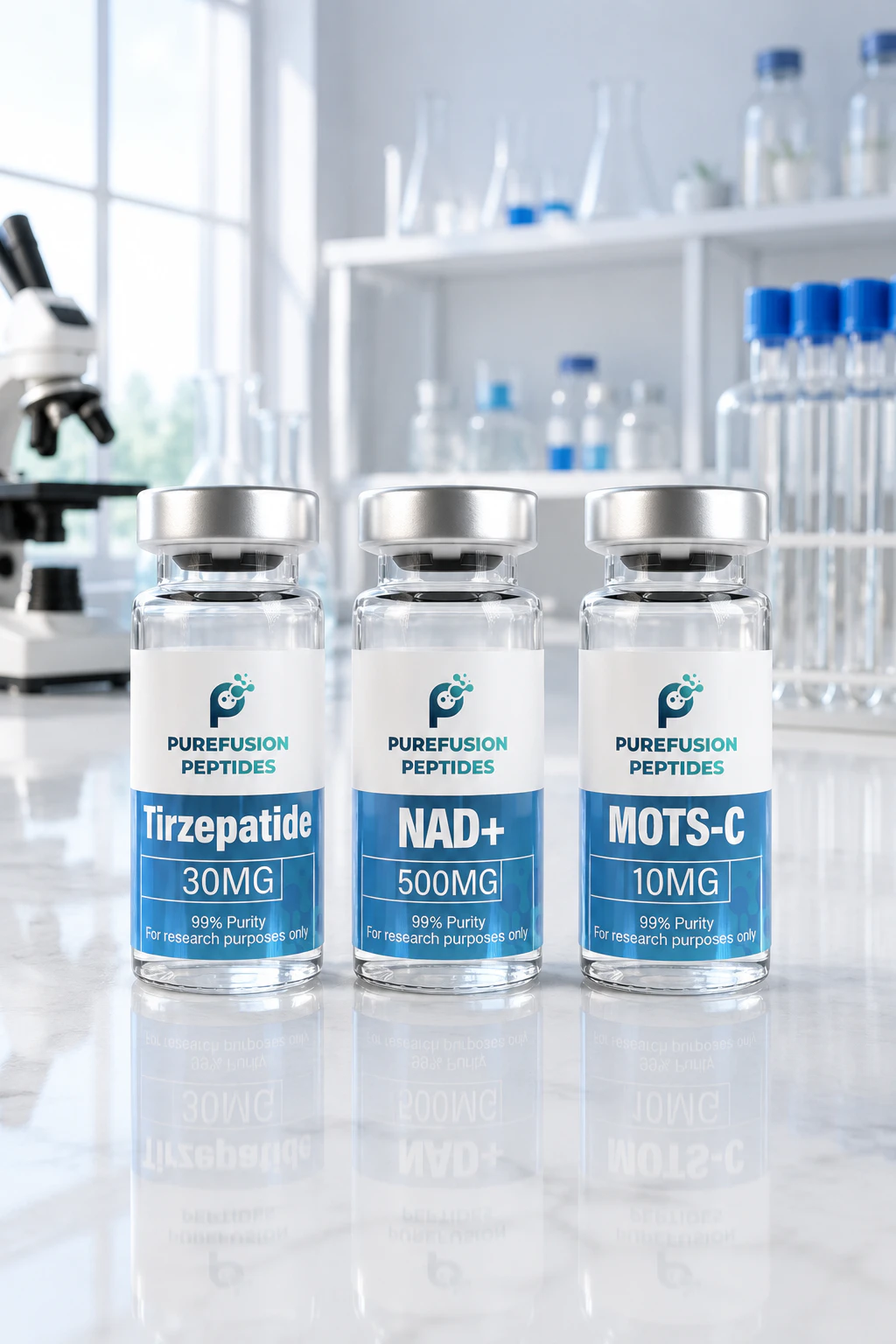 PureFusion Peptides research-product vials in a laboratory setting