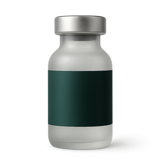 Frosted glass vial with an evergreen label
