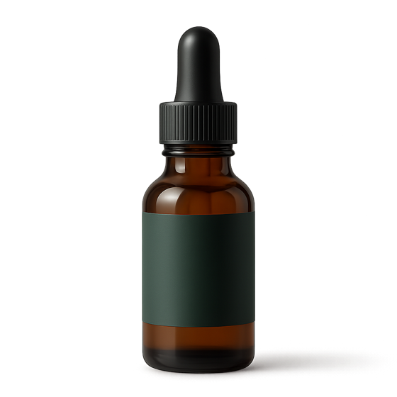 Amber dropper bottle with an evergreen label